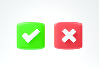 Right and wrong mark icon isolated white background. checkmark red and green button. 3d render illustration.