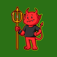 cute devil holding trisula mascot character