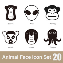 Animal Face Flat Design Icons, Vector Black Illustration