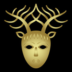 Wall Mural - Head of Celtic god Cernunnos. Pagan mask. Horned human male face with deer antlers. Lord of beasts and wild nature. Golden glossy silhouette on black background.