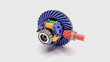 High quality 3d rendering of automotive component detailed coloured, torsen differential closeup isolated