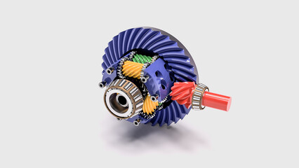 Wall Mural - High quality 3d rendering of automotive component detailed coloured, torsen differential closeup isolated