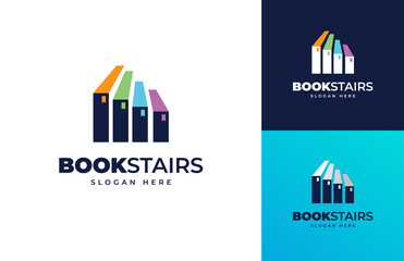 book stairs solution idea progress success education vector logo design, Stair stack book up step career school logo design