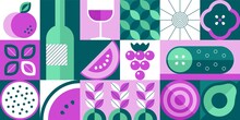 Abstract Food. Minimalistic Geometric Fruits And Vegetables On Brutalistic Banner. Vector Organic Food Illustration