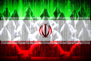Anonymous hooded hackers, flag of Iran, binary code - cyber attack concept