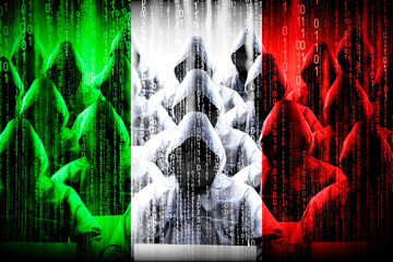 Anonymous hooded hackers, flag of Italy, binary code - cyber attack concept