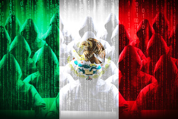 Anonymous hooded hackers, flag of Mexico, binary code - cyber attack concept