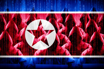 Anonymous hooded hackers, flag of North Korea, binary code - cyber attack concept