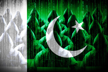 Anonymous hooded hackers, flag of Pakistan, binary code - cyber attack concept