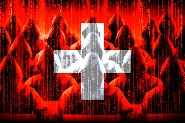 Anonymous hooded hackers, flag of Switzerland, binary code - cyber attack concept