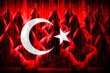 Anonymous hooded hackers, flag of Turkey, binary code - cyber attack concept