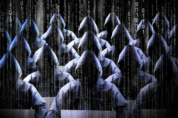 Anonymous hooded hackers, black background, binary code - cyber attack concept