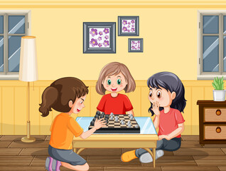 Poster - Children playing chess board at home