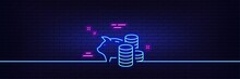 Neon Light Glow Effect. Piggy Bank Line Icon. Coins Money Sign. Business Savings Symbol. 3d Line Neon Glow Icon. Brick Wall Banner. Piggy Bank Outline. Vector