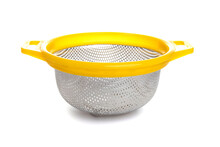 Aluminum Kitchen Colander With Plastic Yellow Handle Isolated On White Background