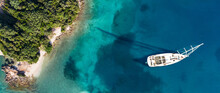 Waves And Yacht From Top View. Turquoise Water Background From Top View. Summer Seascape From Air. Top View From Drone. Travel-image