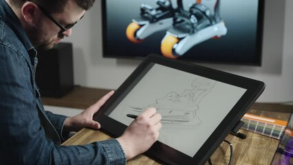 Experienced chief engineer in an industrial design studio. A man is working on a product prototype.