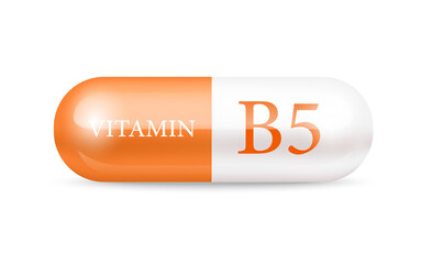 Capsule vitamin B5 structure orange and white. Beauty concept. Personal care. 3D Vector Illustration. transparent capsule pill. Drug business concept. Vitamin complex with chemical formula.