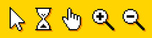 Set Of Pixel Cursors. Cursor Pointers. Arrow, Hourglass, Hand And Magnifier. Computer Mouse. 8-bit. Video Game Style. Vector Illustration