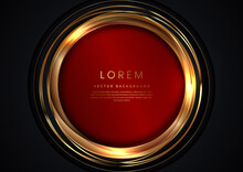 3D Modern Luxury Template Design Red Circle Shape And Golden Circle Line On Black Background.