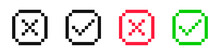 Pixel Check Mark And Cross. Yes And No Buttons. 8-bit Video Game Style. Vector Illustration