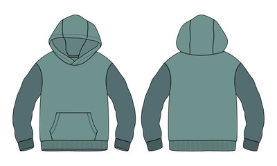 Two tone Green color long sleeve hoodie technical fashion flat sketch vector illustration template front and back views isolated on white background.