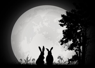 Wall Mural - rabbit silhouette with full moon