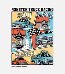 Hand drawn cartoon monster truck. Vector illustrations for apparel prints and other uses.