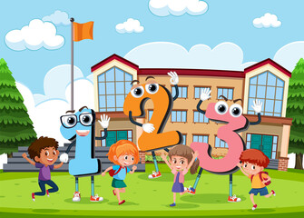 Poster - Cartoon kids at school with number 1 2 3