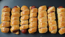 Sausage Buns. Soft Baked Bun (dough )stuffed With Sausage For Fast Food Breakfast Or Coffee Break. Sausage  Roll, (hot Dog).