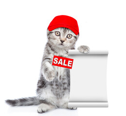 Poster - Cute kitten wearing red cap shows sales symbol and empty list. isolated on white background