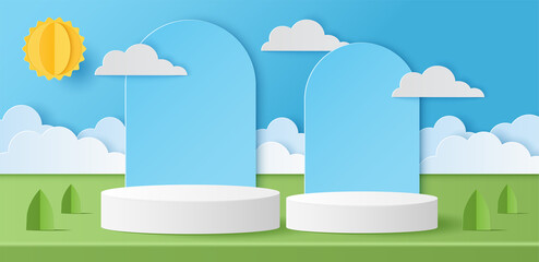 Canvas Print - Paper cut of Summer season on green nature landscape, sun and clouds on blue sky background with white color cylinder podium for your products display presentation