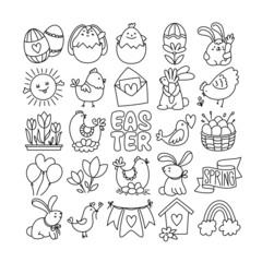 Wall Mural - Easter doodle style hand-drawn icon set with editable stroke width. Cute symbols and elements collection.