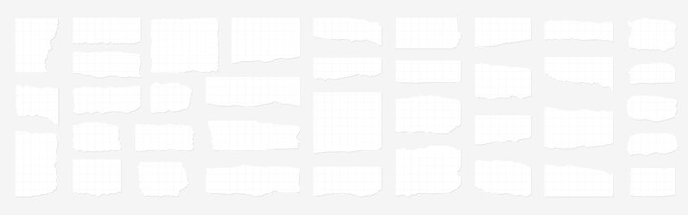 Collection of torn, ripped pieces of white color paper. Ripped paper strips. Vector illustration