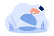 © Bro Vector - Hand of waiter holding lid from empty tray platter. Male restaurant worker or butler serving gourmet food for breakfast, lunch or dinner flat vector illustration. Luxury service, menu concept