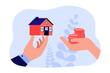 Offer to exchange house for cash money between agent and user. Human hands holding dollar coins and home property flat vector illustration. Real estate mortgage, rent, apartment sale concept