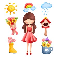 Spring Girl And Elements Illustration Set 