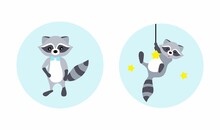 Vector Illustrations With Cute Raccoons. Poster For Boys. Cartoon Raccoon In A Bow Tie. Surprised Raccoon Visit On A Star.