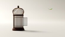 Escaping From The Cage, Freedom, A Retro Bird Cage And A Colorful Feather Floating In The Air, Set It Free, 3d Render