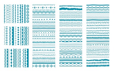 Wall Mural - Traditional ornaments, seasonal patterns collection. Border, divider, hand drawn vector brush, stroke, line art set. Green blue decorative design elements for greeting decoration, card template. 