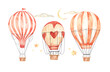 Vector watercolor illustration - hot air balloons in the sky. Collection with retro airship. Sky adventure with clouds, stars and moon. Perfect for baby prints, kid posters, home decor, invitations