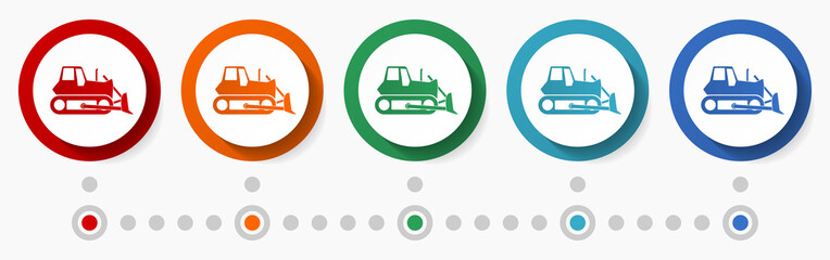 Aufkleber - Bulldozer concept vector icon set, infographic template, flat design colorful web buttons in 5 color options