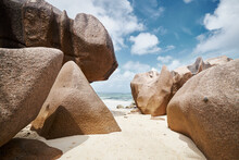 Scenics View At Beautiful Sand Beach With Granite Boulders In Seychelles.