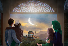 Ramadan Kareem Greeting. Family Looking At Mosque.
