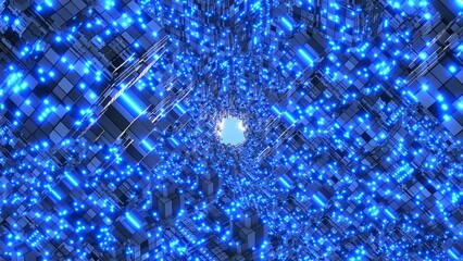Wall Mural - Sci fi technology background, Futuristic sci-fi corridor with metal shapes and glowing neon lights. Abstract technology background. 3D rendering illustration