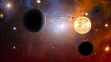 Wall Mural - Space flight slowly moving through universe among planets galaxies stars and nebulae