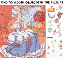 Baroque Girl Sitting At A Dressing Table In Front Of A Mirror. Find 10 Hidden Objects In The Picture. Puzzle Hidden Items. Funny Cartoon Character. Vector Illustration. Set
