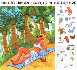 Wall Mural - Girl sunbathing on the beach under palm trees. Find 10 hidden objects in the picture. Puzzle Hidden Items. Funny cartoon character. Vector illustration. Set