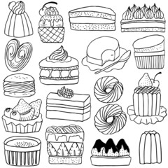 Wall Mural - Hand drawn vector illustration of dessert and cake collection in doodle art style on white background