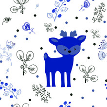 Vector Seamless Pattern In Shades Of Blue With A Small Deer And Different Plants.